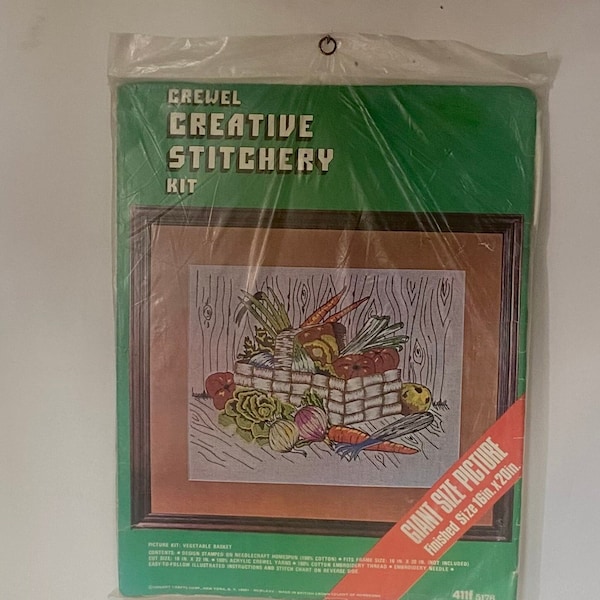 Vintage Vogart, Crewel Creative Stitchery Kit, "Vegetable Basket", Vintage Crewel Kit, Cross Stitch, 16" x 20" Kit 5176, X Stitcher Gift NIP