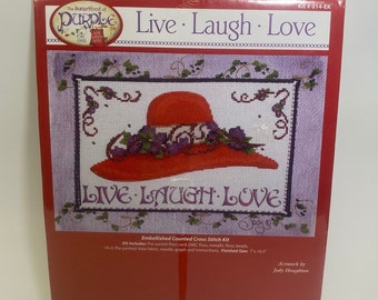 Vintage Jeanette Crews Designs, Live Laugh Love, Sisterhood of Purple, Vintage Counted Cross Stitch Kit, 014EK, Red Hat Society NIP