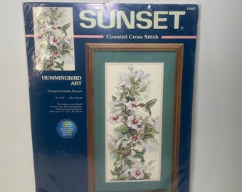 Vintage Sunset Cross Stitch Kit, Hummingbird Art, Designed Martha Edwards, Floral, Rare Vintage Cross Stitch Kit, Hummingbirds, 13667, NIP