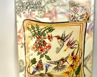 Vintage Candamar Designs, Inc, Needlepoint Hummingbird and Flowers Pillow, Vintage Needlepoint Kit, Floral Cross Stitch 30866, NIP