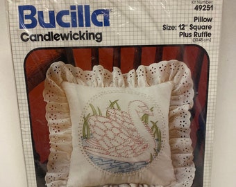Vintage BUCILLA Candlewicking, Swan Pillow, Square plus Ruffle, Bucilla Kit 49251, 1990, NIP, Vintage Cross Stitch, Swans