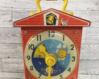 Vintage Fisher Price, Teaching Clock, Musical Music Box, 1960’s Pull Pretend Play, Grandfather's Clock, Fischer Price Toys, Tested and Works