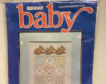 Vintage Bernat Baby Kit, Of Lambs and Teddies, Vintage Cross Stitch Kit, Triplet Birth Announcement, Kit HO4133, NIP