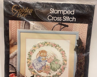 Vintage Candamar Designs, Golden Bee, Juniper & Periwinkle Bunny, Kit 20436, Bunny Rabbits, Vintage Stamped Cross Stitch Kit, NIP