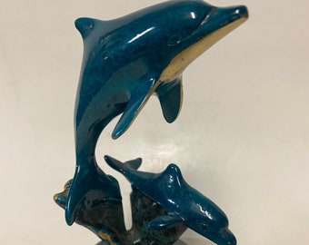 Vintage Bronze and Brass Dolphins, SPI San Pacific International, Bronze and Brass, Statue Sculpture, Dolphin and Baby Dolphins, Marble Base