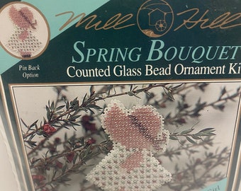 Vintage Mill Hill Spring Bouquet Ornament Kit, Bonnet Girl, Christmas Ornament, Pin Back Option, Counted Glass Bead Kit, MHSB8, NIP