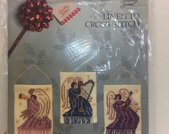 Candamar Designs Vintage Cross Stitch Kit, Christmas Angels, Something Special, Cross Stitch Angels, Banner Ornaments, Set of 3, Angels