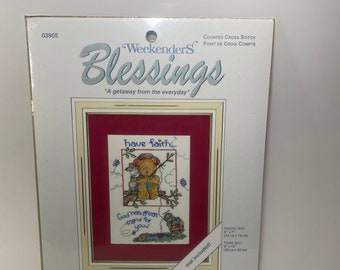 Vintage JCA Weekenders Blessing, Have Faith, Vintage Counted Cross Stitch, Kit 03905, Teddy Bear, Rabbit NIP
