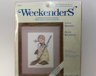 Vintage JCA Weekenders, Little Sweeper, MJ Hummel, Vintage Counted Cross Stitch, Kit 0313, Little Girl Sweeping, X Stitcher Gift, NIP