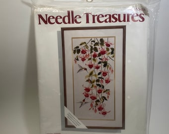 Vintage Needle Treasures Garden Gems, JCA Cross Stitch Kit, Floral Stitchery, Rare Vintage Cross Stitch Kit, Humming Birds, 00656, NIP