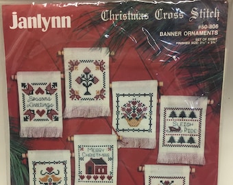 Janlynn 1987 Vintage Christmas, Cross Stitch Kit, Banner Ornaments set of 8, Kit 50806, Christmas Ornaments Banner Ornaments, Set of 8, NIP