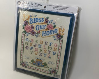 Vintage NMI Needle Magic Inc., Bless Our Home, Stitch N Frame, Vintage Cross Stitch Kit, 4093, Gift for X Cross Stitcher 8x10NIP