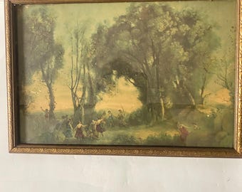 Vintage Framed Lithograph, Fantasy Art Print, Corot Morning Dance of the Nymphs, Wall Art 1950s