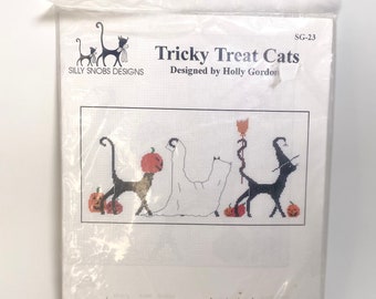 Vintage Imaginating Inc, Silly Snobs Designs, Tricky Treat Cats, Vintage Cross Stitch Kit, SG23, Happy Halloween, Black Cats, NIP