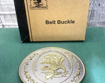 Vintage North American Hunting Club Belt Buckle, Lifetime Member, 1980s