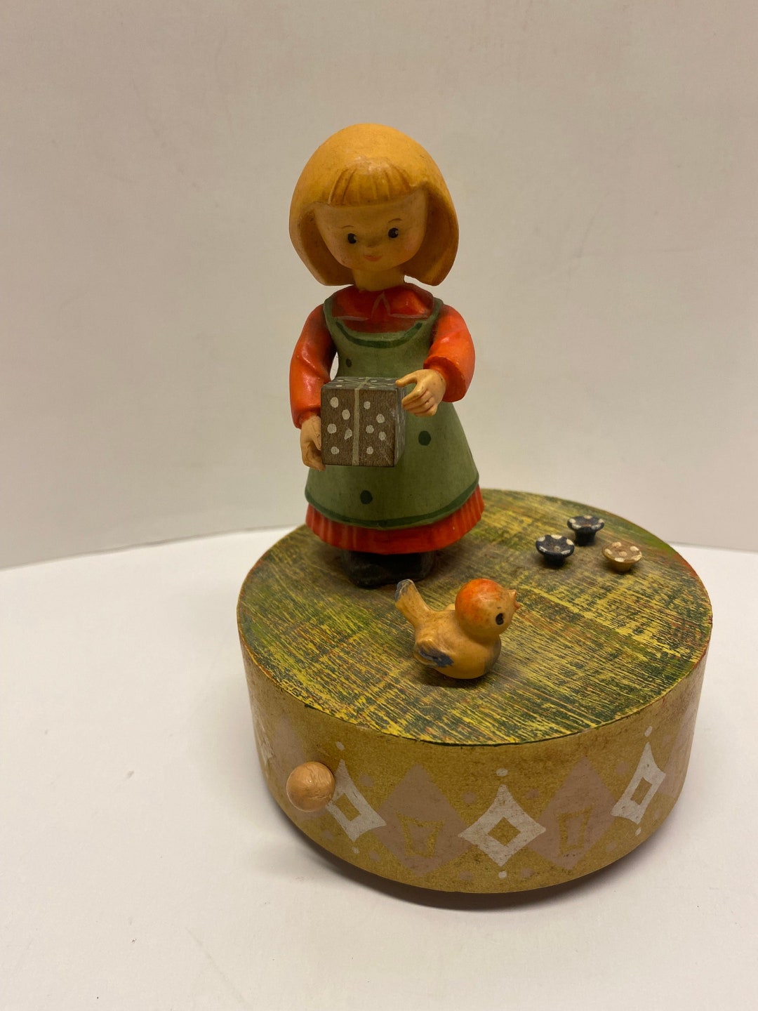 Vintage Anri Music Box, Girl and Bird, Made in Italy, Wooden Hand Crafted, Revolving Music Box
