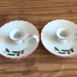 Vintage Christmas Holly Berry Porcelain Candleholders - Set of 2