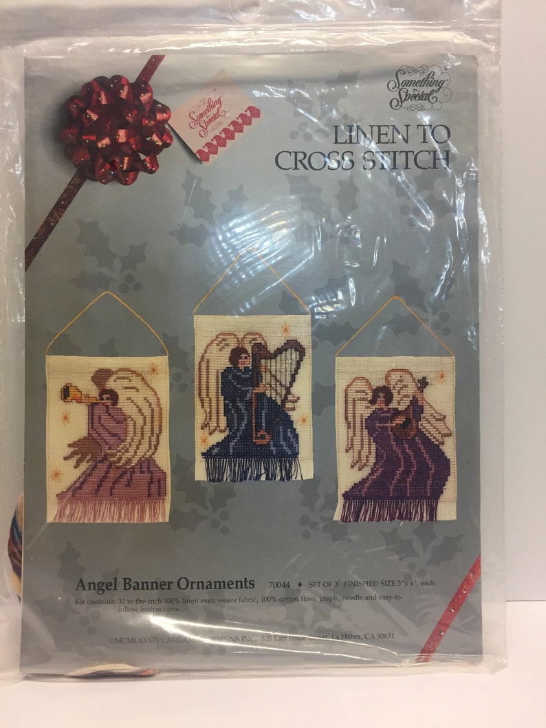Candamar Designs Vintage Cross Stitch Kit, Christmas Angels, Something Special, Cross Stitch Angels, Banner Ornaments, Set of 3, Angels image 1