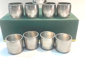 Vintage Pewter Barrel Napkin Rings, Set of 9, Rope Rim Design