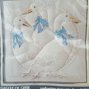 Vintage Embroidery Kit, with Image of A Gaggle of Geese, This is an unopened, Vintage 1983 Prism Designs, Inc Embroidery Kit #CR61, Colors:  White w/blue accents