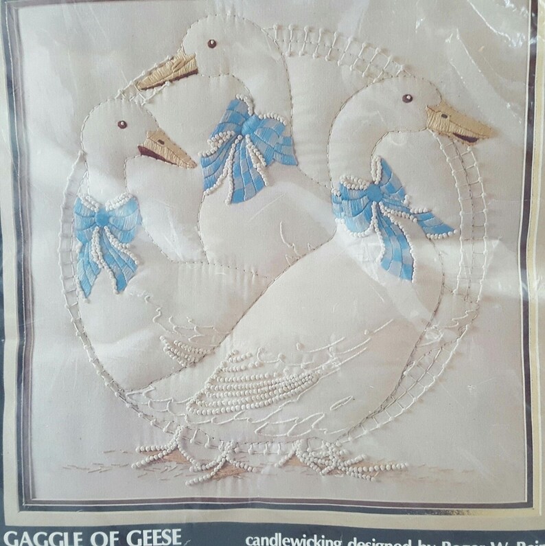 Vintage Embroidery Kit, with Image of A Gaggle of Geese, This is an unopened, Vintage 1983 Prism Designs, Inc Embroidery Kit #CR61, Colors:  White w/blue accents