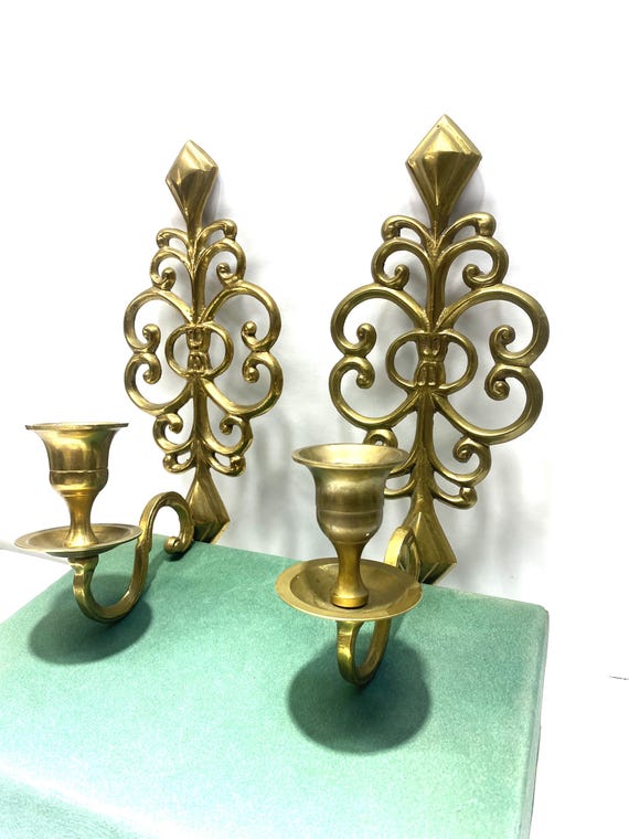 Vintage Ornate Solid Brass Sconce Pair, 1970s Candleholders Wall Decor