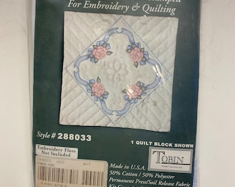 Vintage Quilt Blocks, Tobin Ribbon Rose, Set of 6 Quilt Blocks, Stamped for Embroidery & Quilting, Style No. 288003, Kit, NIP