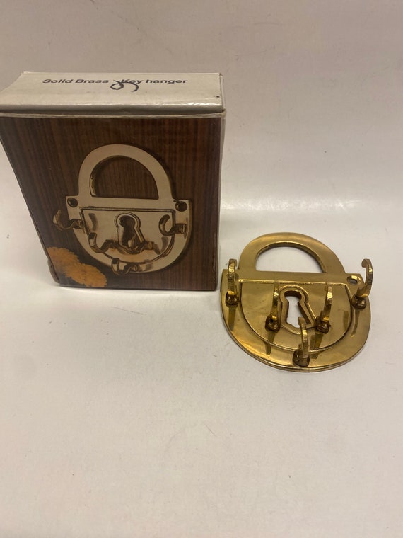 Vintage Brass Padlock Shaped, Key Rack Holder With Box, 5 Hooks 