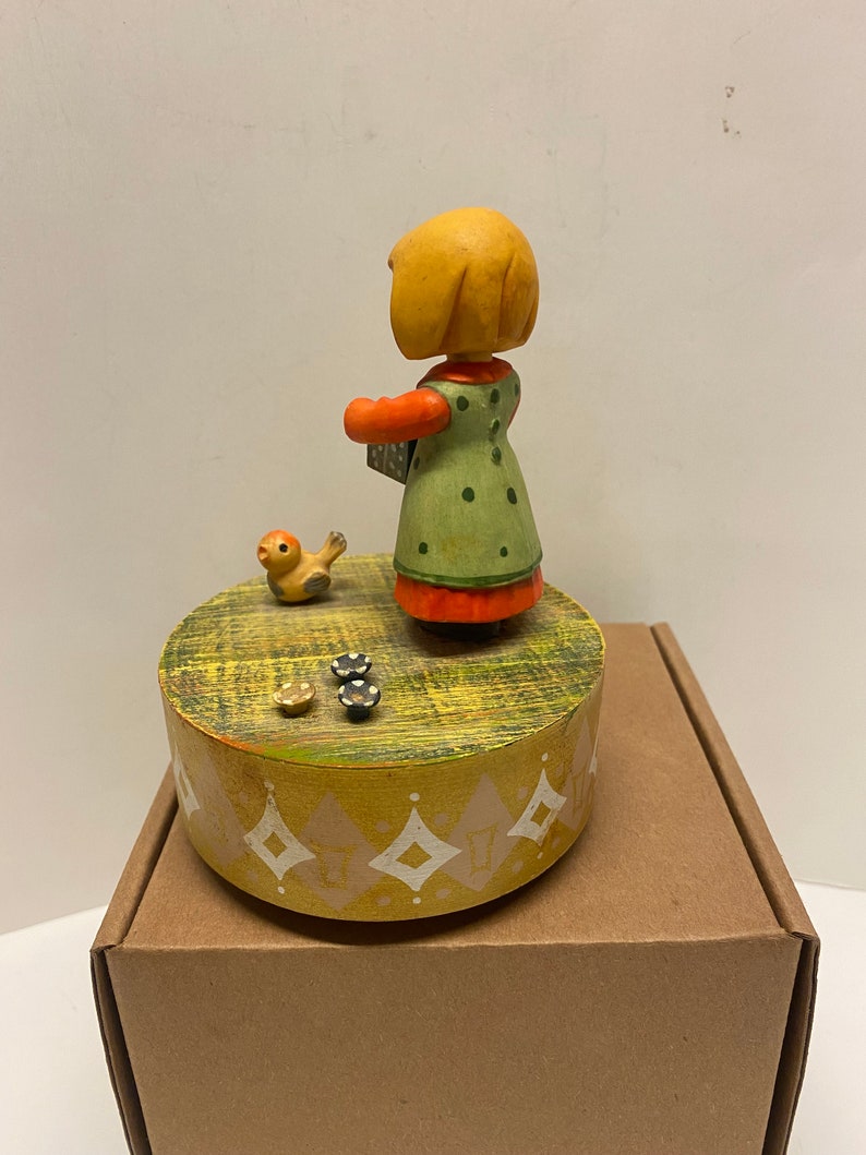 Vintage Anri Music Box Girl and Bird Made in Italy Wooden Etsy
