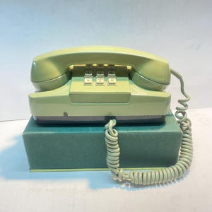 May include: A light green landline telephone with a matching coiled cord and a push-button keypad. The handset rests on the base unit, which features a standard numeric layout including asterisk and pound keys. The device has a smooth, glossy finish.