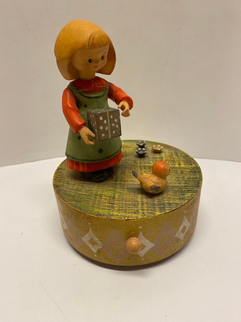 Vintage Anri Music Box Girl and Bird Made in Italy Wooden Etsy