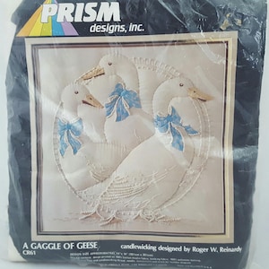 Vintage Embroidery Kit, with Image of A Gaggle of Geese, This is an unopened, Vintage 1983 Prism Designs, Inc Embroidery Kit #CR61, Colors:  White w/blue accents.