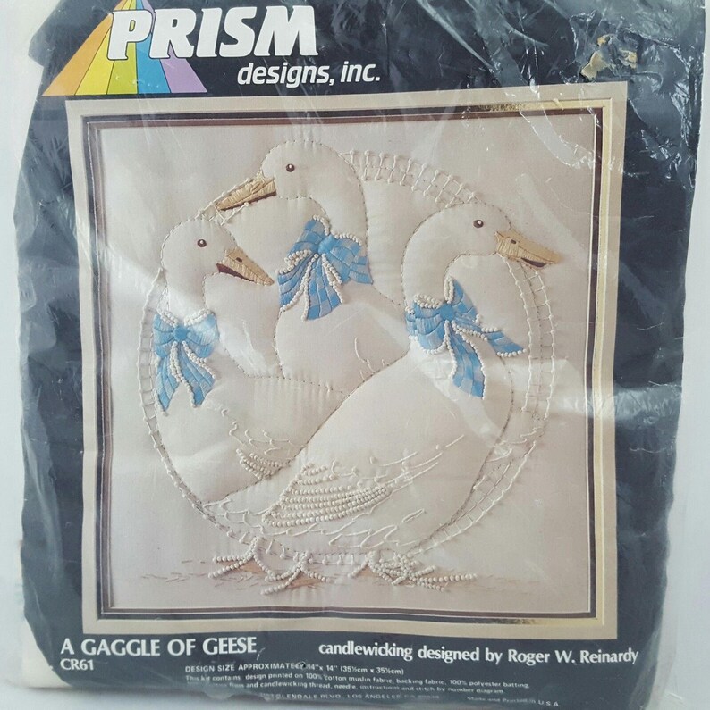 Vintage Embroidery Kit, with Image of A Gaggle of Geese, This is an unopened, Vintage 1983 Prism Designs, Inc Embroidery Kit #CR61, Colors:  White w/blue accents.