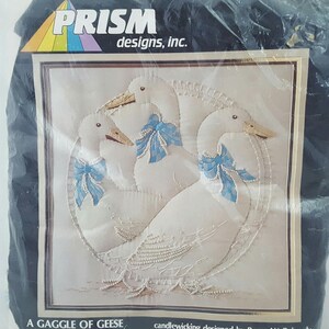 Vintage Embroidery Kit, with Image of A Gaggle of Geese, This is an unopened, Vintage 1983 Prism Designs, Inc Embroidery Kit #CR61, Colors:  White w/blue accents