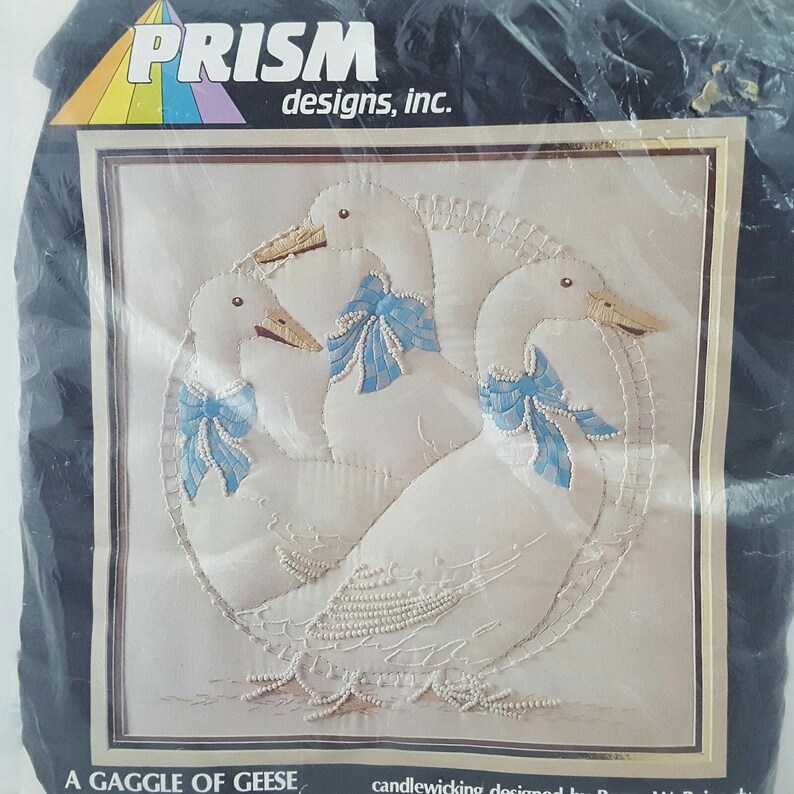 Vintage Embroidery Kit, with Image of A Gaggle of Geese, This is an unopened, Vintage 1983 Prism Designs, Inc Embroidery Kit #CR61, Colors:  White w/blue accents