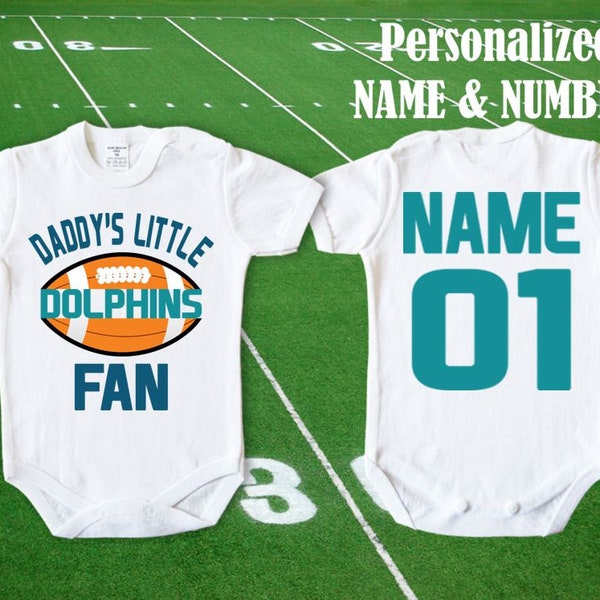 Dolphins Baby Daddy's little Dolphins Fan customized personalized NAME NUMBER Miami Bodysuit Funny Child boy Clothing Kid's Toddler Top NFL