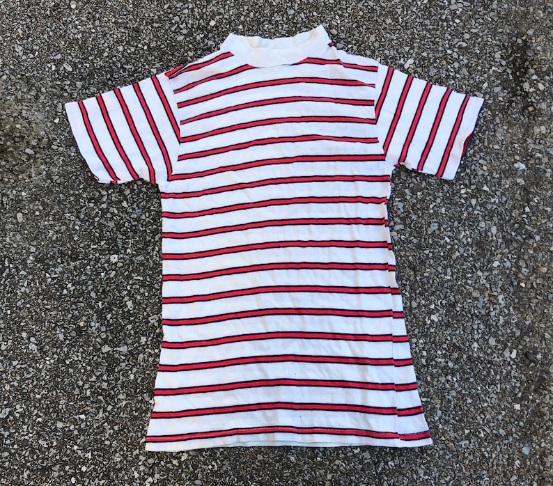 50s Striped T-shirt 1950s Striped Tee White with Red and Blue Stripes
