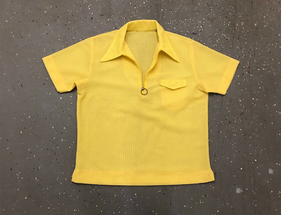 60s 70s Yellow Mod Shirt 1960s 1970s Quarter Zip S
