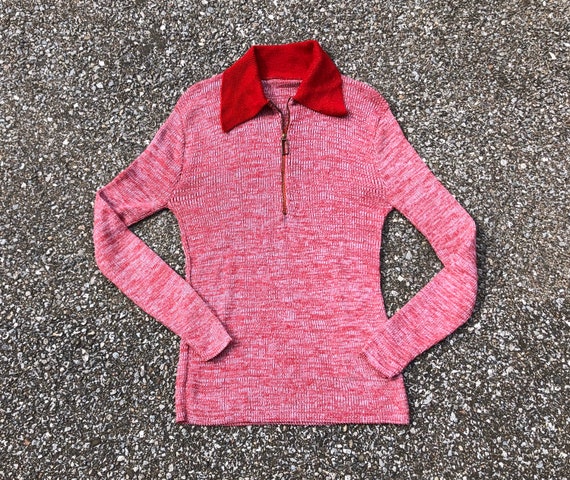60s 70s Red Quarter Zip Long Sleeve Shirt 1970s Vi