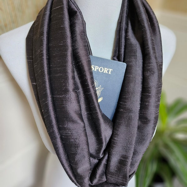 Hidden pocket silk scarf/ gray silk scarf/ natural silk/  travling gear/ keep travel documents safe/ gift for a traveler/ Travel accessory