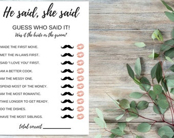 Instant Download He Said, She Said bridal shower printable, bridal shower game, ms to mrs