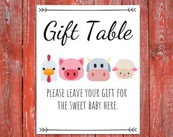 Instant Download Gift Table farm animal printable, baby shower sign, gender neutral sign