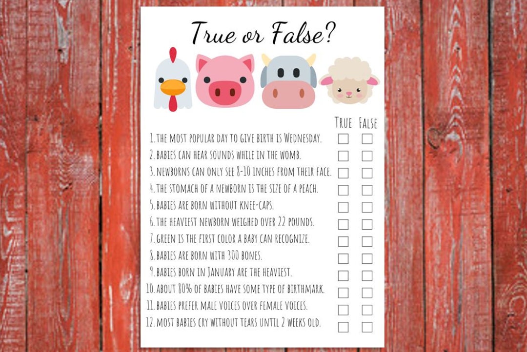 Instant Download True or False Farm Animal Theme Printable, Baby Shower ...