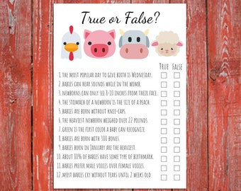 Instant Download True or False farm animal theme printable, baby shower game, gender neutral game