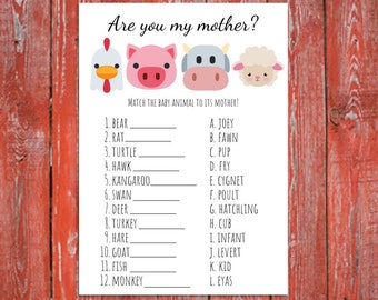 Instant Download Are You My Mother farm animal printable, baby shower game, gender neutral game