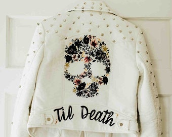 Hand-Painted Flower Skull / Custom Sugar Skull Wedding Bride Jacket or Bag / Made to Order