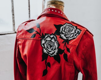 MADE TO ORDER / Custom Hand-Painted Roses on Genuine Leather Biker Jacket