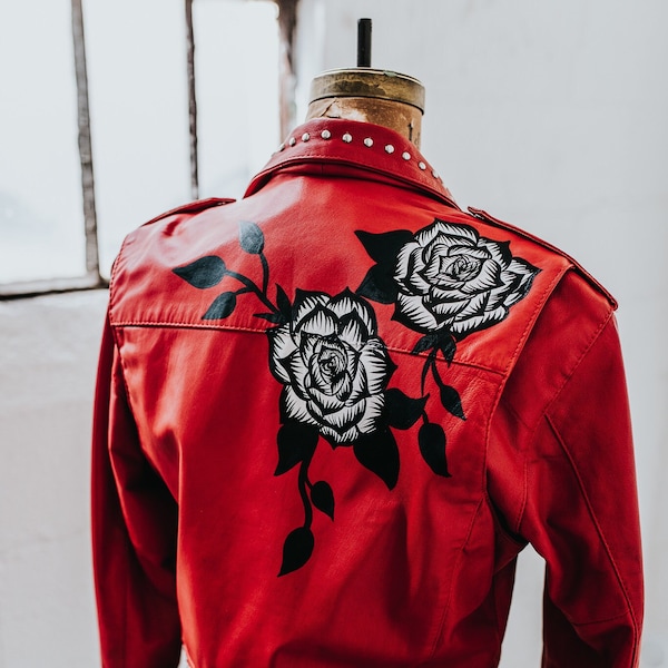 MADE TO ORDER / Custom Hand-Painted Roses on Genuine Leather Biker Jacket