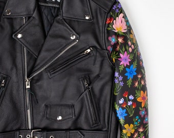 MADE TO ORDER / Custom Hand-Painted Magic Garden Sleeve on Genuine Leather Motorcycle Jacket