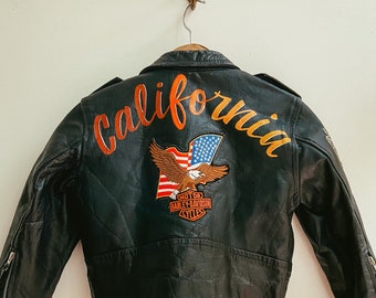 Vintage Kid's Harley Davidson Leather Biker Jacket with Original Patches and Hand Painted Cali Art / California West Coast Kid / Size: XL